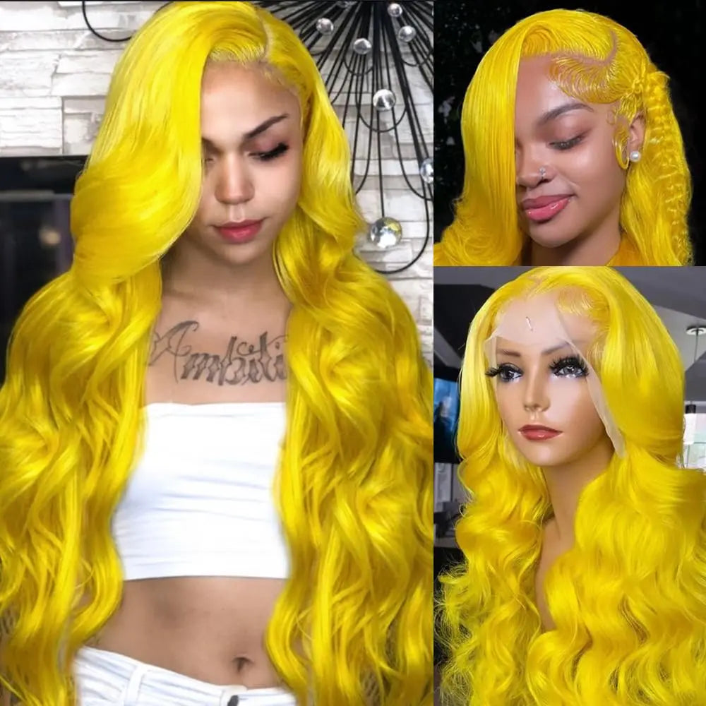 28 Inch Yellow Wig Human Hair Body Wave 13x6 HD Lace Frontal Wig Plucked 200% Density Colored  Lace Wig Water Wave For Women