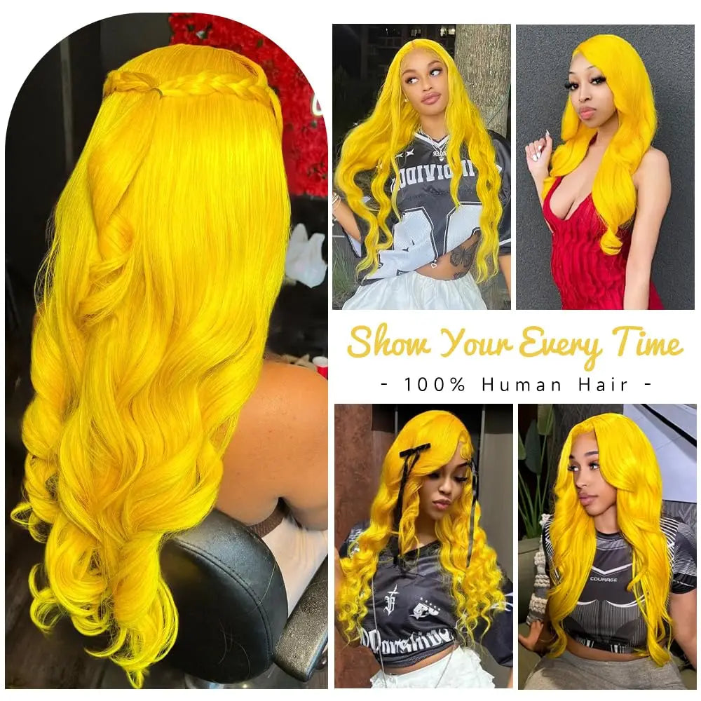 28 Inch Yellow Wig Human Hair Body Wave 13x6 HD Lace Frontal Wig Plucked 200% Density Colored  Lace Wig Water Wave For Women