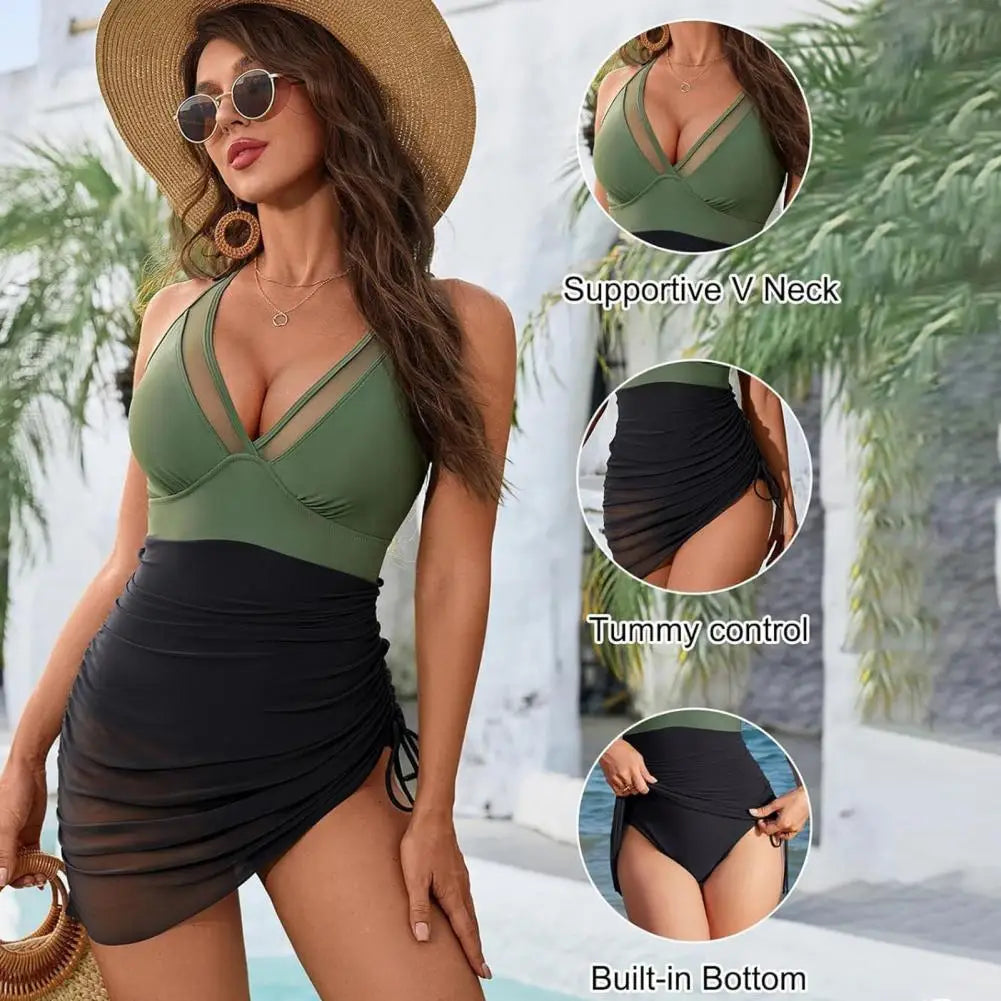 Women's Swimsuit Solid Color V Neck Tummy Control Swimwear Sexy Mesh Sheer Wrap Bathing Suit For Beach Vacation
