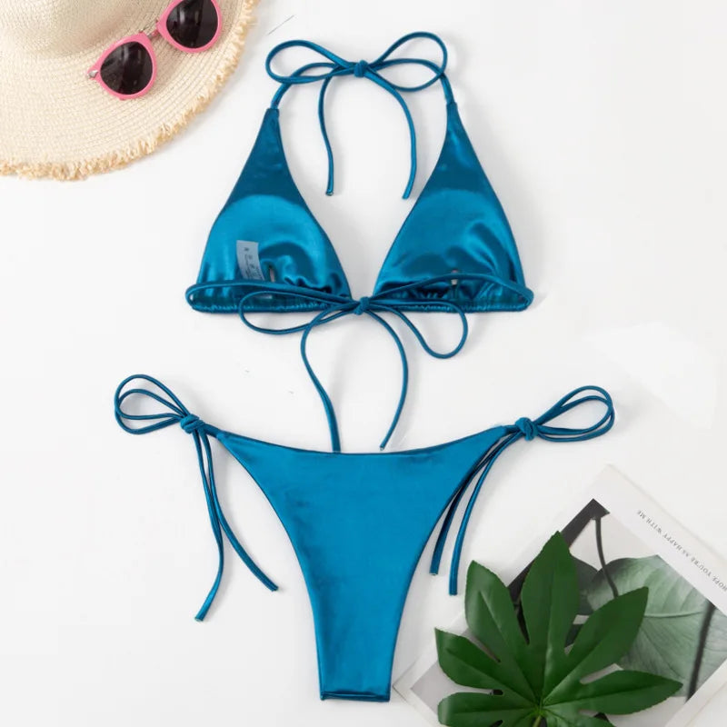Halter Brazilian Metallic Satin Bikini  Swimwear, Swimsuit Two-pieces Bikini Set High Cut Bathing Suit Swim Beachwear