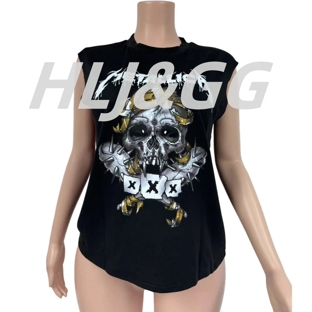 HLJ&GG Y2K Trendy Retro Print Tshirts Two Piece Sets Women Round Neck Sleeveless Top And Sequin Leopard Shorts Outfit Streetwear