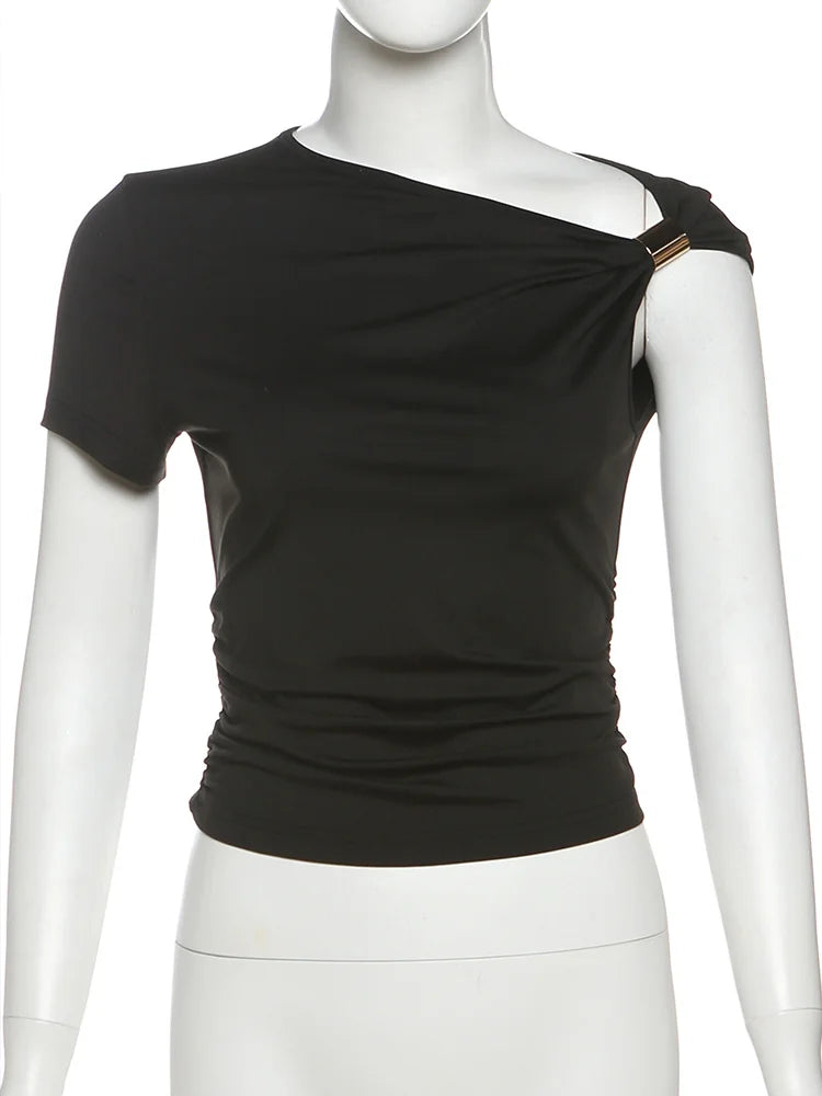 Off Shoulder Top Women Ruched Fashion Skew Collar Single Sleeve Daily Casual Solid Simple Streetwear