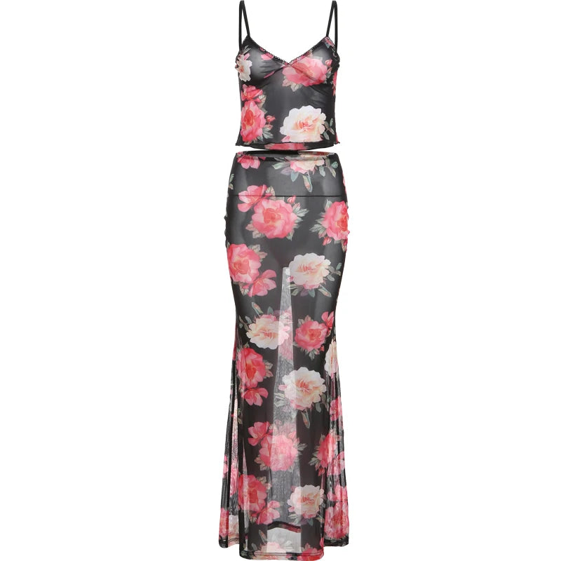 Weird Puss Summer Sheer Women 2Piece Set Side Split Slim Long Skirt+V Neck Camisole Ladies Sexy Vacation Party Matching Suits