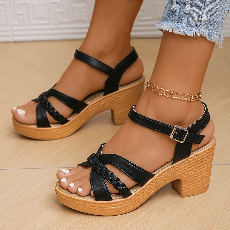 Women's Braided High Heels Sandals 2024 Summer Chunky Platform Gladiator Sandals