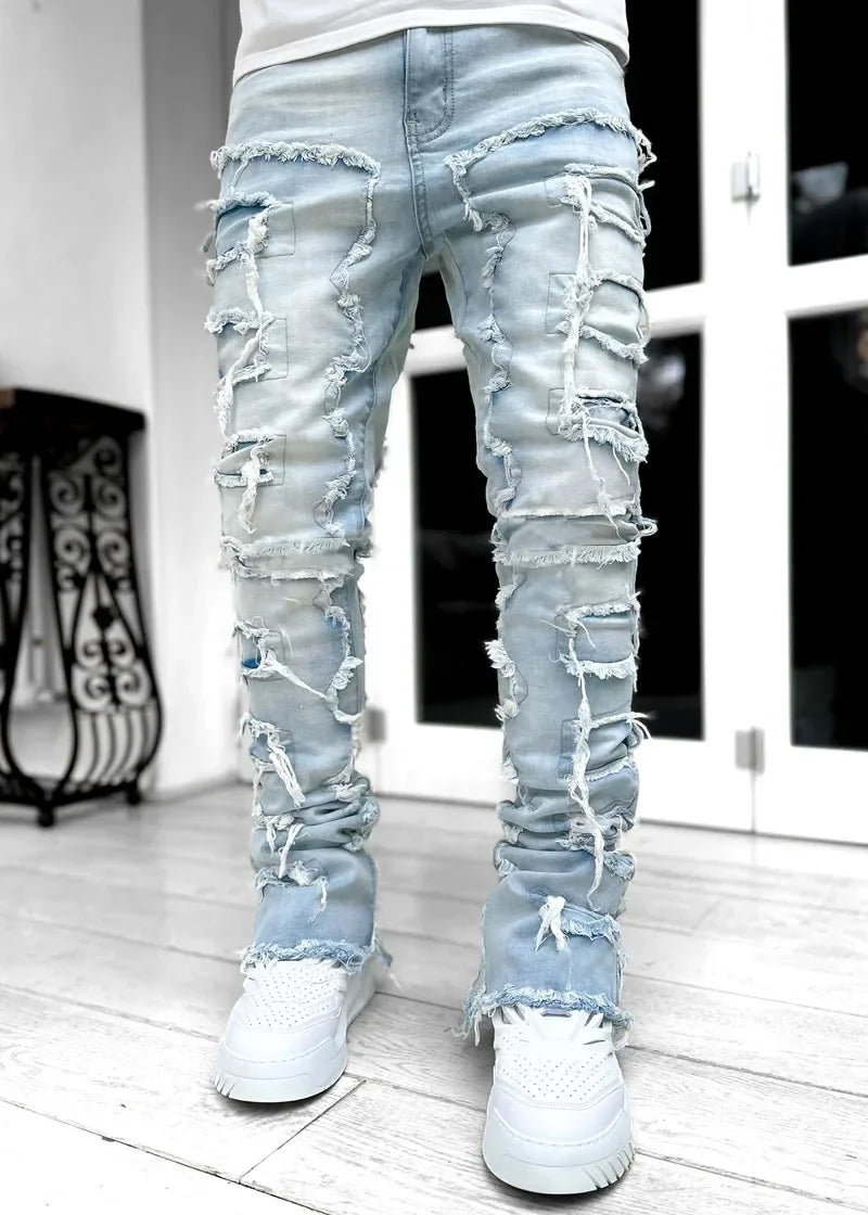 Denim Regular Fit Stacked Jeans Ripped Slim Fit Patch Distressed Destroyed Straight Denim Pants Hip Hop Streetwear Trouser Cloth