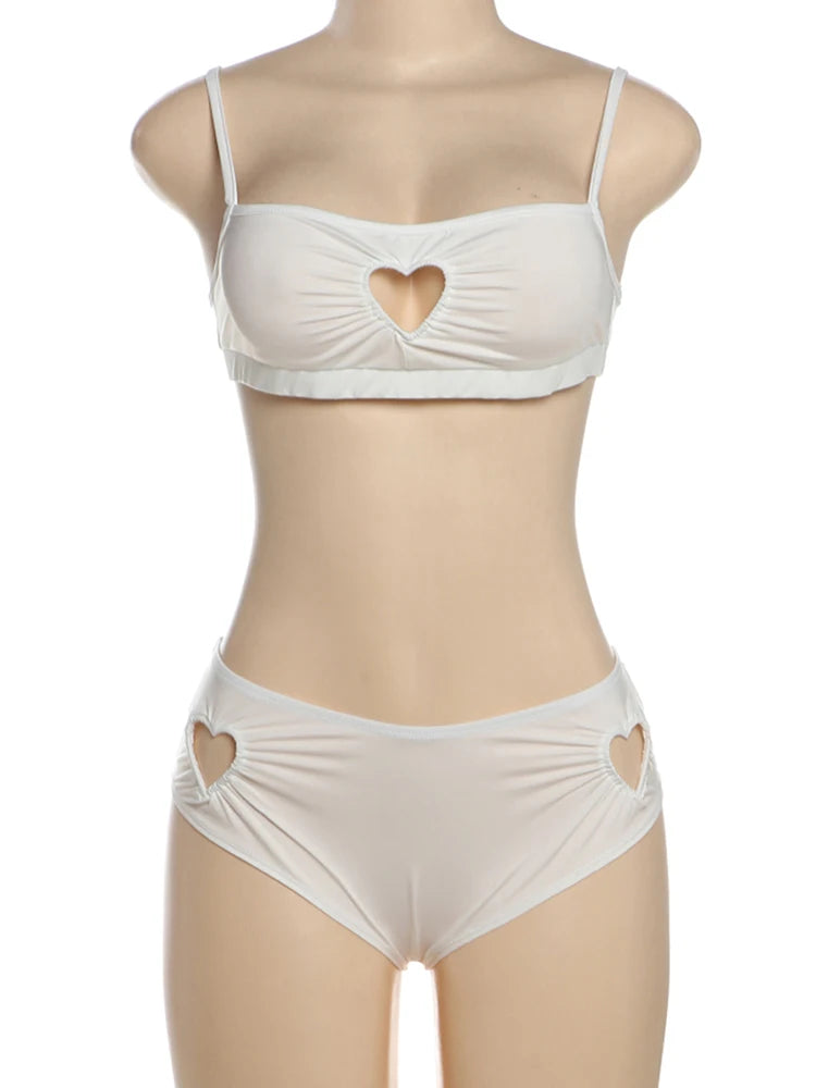 Weird Puss Heart Hollow 2 Piece Set Women Simple Vacation Camisole+Panties Beach Style Matching Stretch Street Comfortable Suit