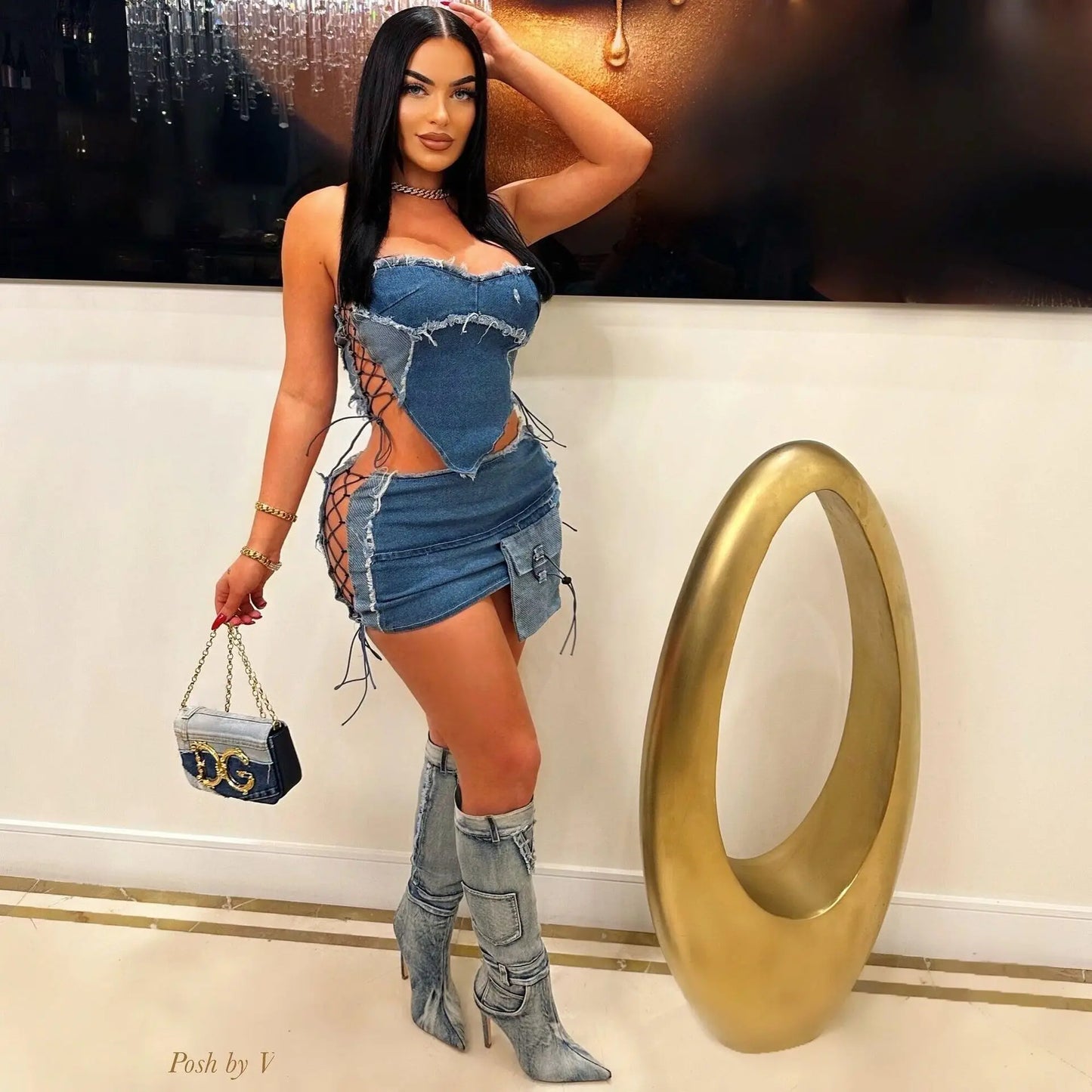Weird Puss Hollow Bandage jeans 2 Piece Set Women Irregular Halter Zipper Sleeveless Crop Tops+Distressed Patchwork Skirts Suit