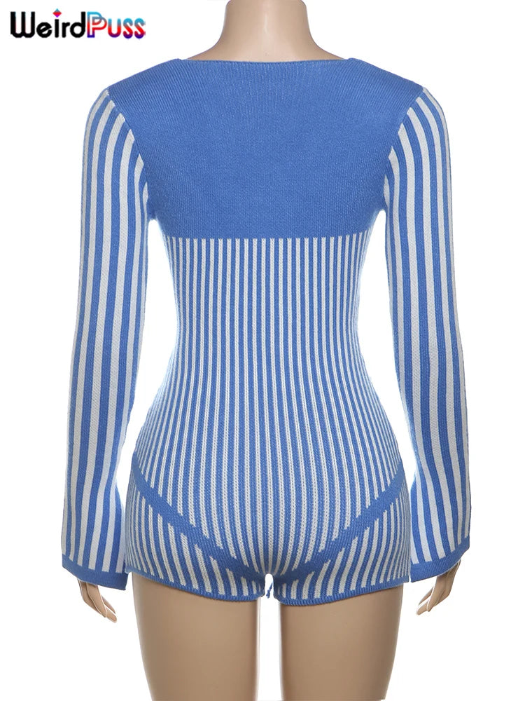 Weird Puss Crochet Bandage Playsuits Women Low-Neck Contrast Striped Patchwork Long Sleeve Autumn Trend Vacation Skinny Romper