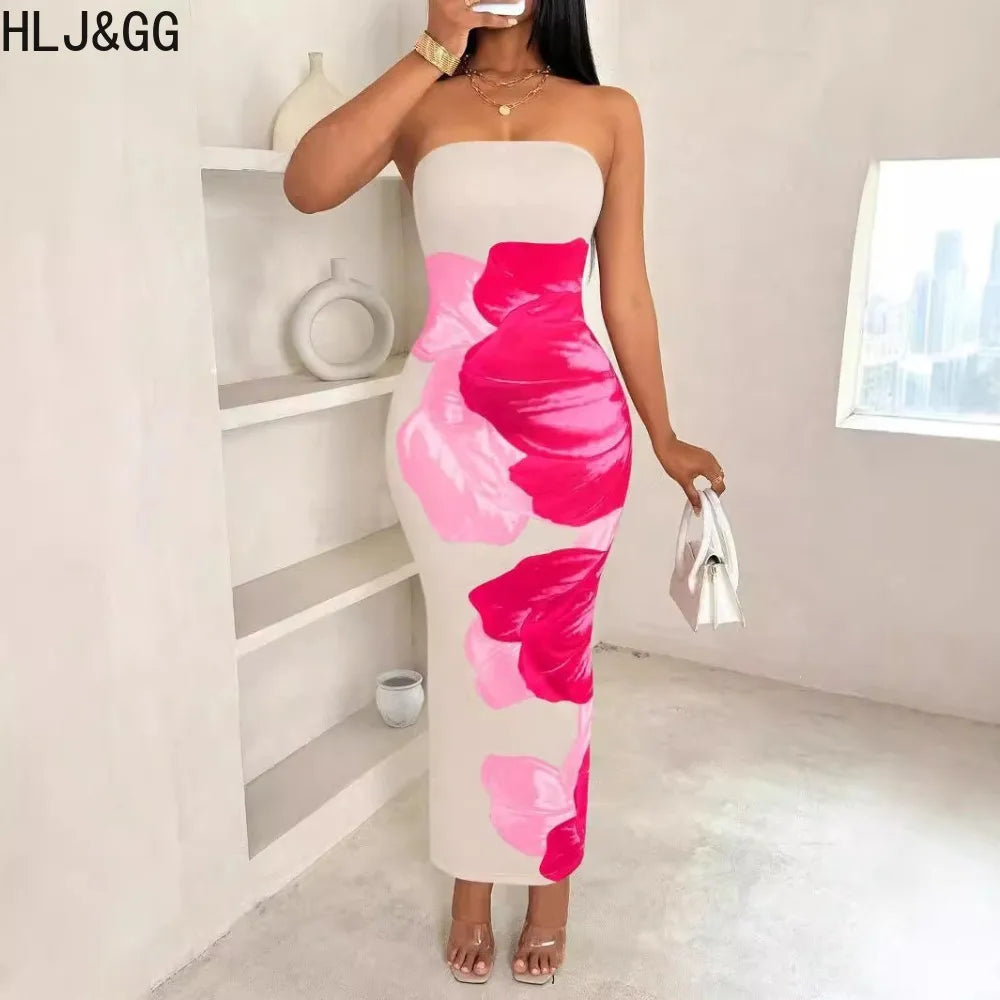 HLJ&GG Sexy Flowers Printing Bodycon Maxi Dresses Women Off Shoulder Sleeveless Backless Slim Vestidos Fashion Streetwear 2025