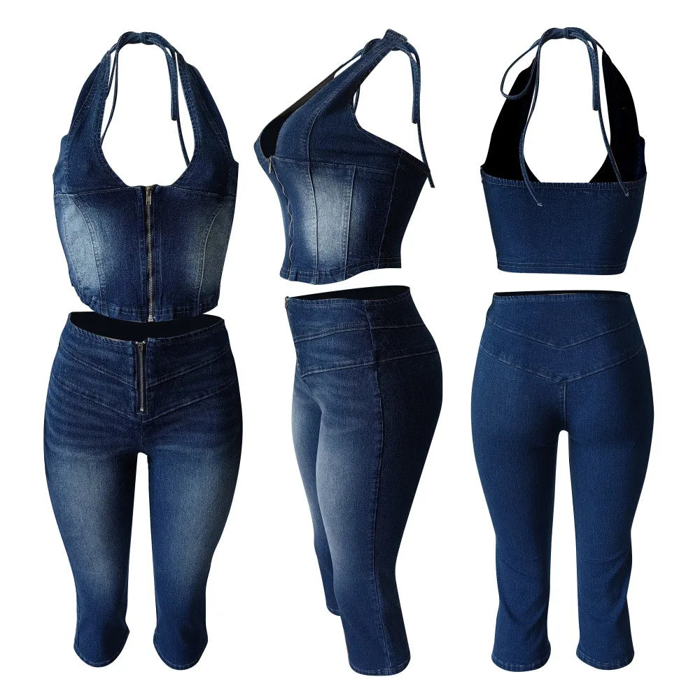 Blue Fashion jeans Halter Two Piece Sets Women Sleeveless, Backless Slim Crop Top And Skinny Jean Pants Outfits Streetwear
