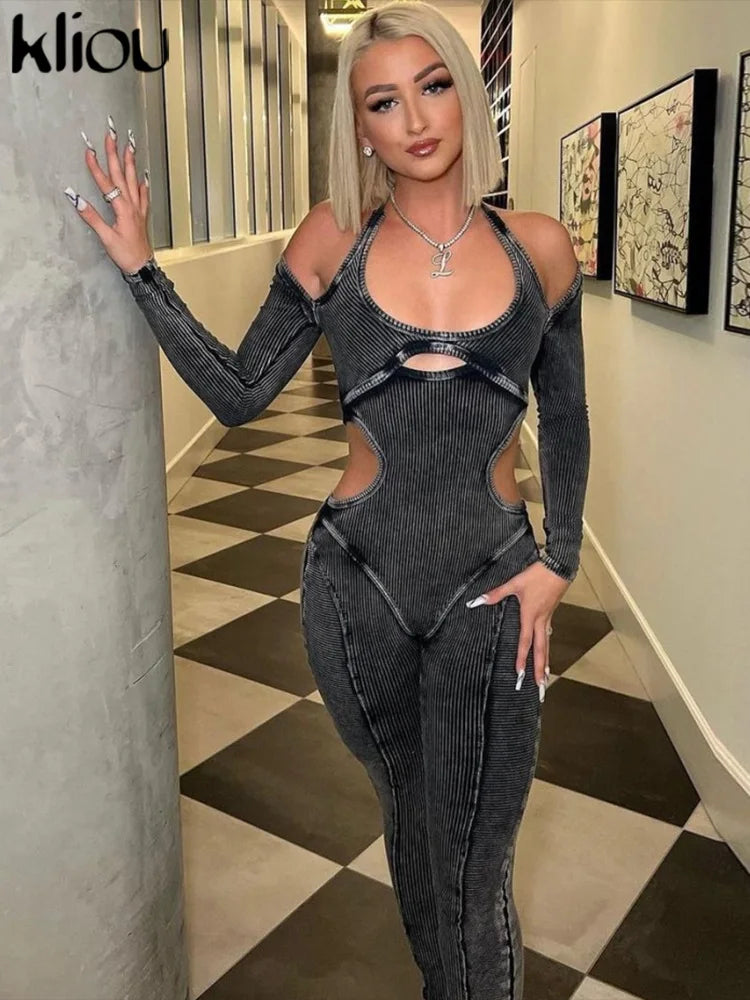 kliou Pure Cotton Jumpsuits ladies Halter Sexy Hollow Out Striped Folds Slim Fit Sexy Cleavage Overalls Stage Attirewear