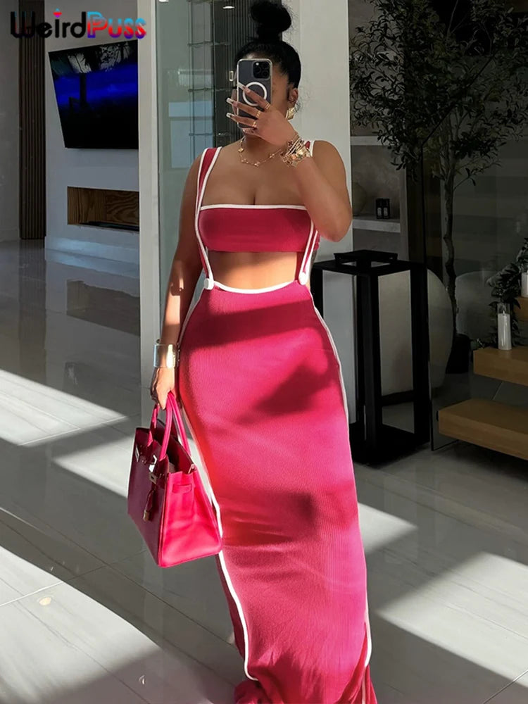 Weird Puss Summer Trend 2 Piece Set Women White Edging Strapless Tops+Shoulder Straps Dress Stretch Matching Streetwear Outfits
