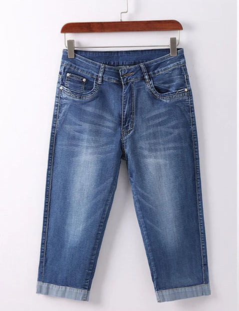 Knee Length Jeans female Elastic High Waist Mom Jeans Oversize
