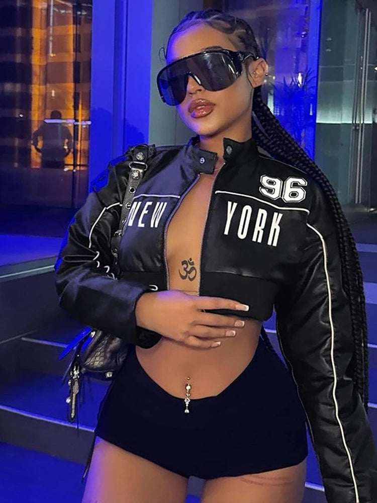 Weird Puss PU Jacket Women Letter Print Patchwork Uniform Hipster Button Zip Trend Sporty Street Varsity Casual Fall Crop Coat