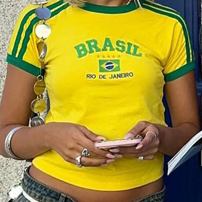 Aesthetic BRASIL Letter Print T-Shirt and Shorts Suit, Vintage Grunge  Short Sleeve Baby Tees, Summer Crop Top Y2k Clothe