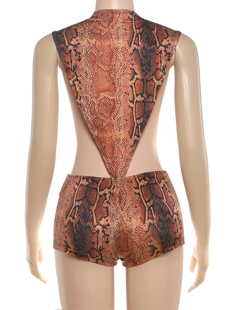 Weird Puss Sexy Patchwork Romper Women Snake Print Side Hollow Waistless Sleeveless Skinny Clubwear Midnight Stretch Playsuit