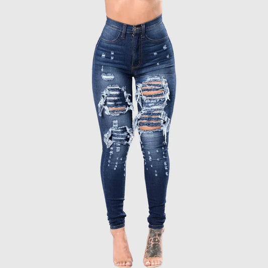 HOLE,  ladies 2025 High Waist Ripped Jeans for female, Skinny Black Pockets Jeans Elastic Slim Jean Female Femme Pants