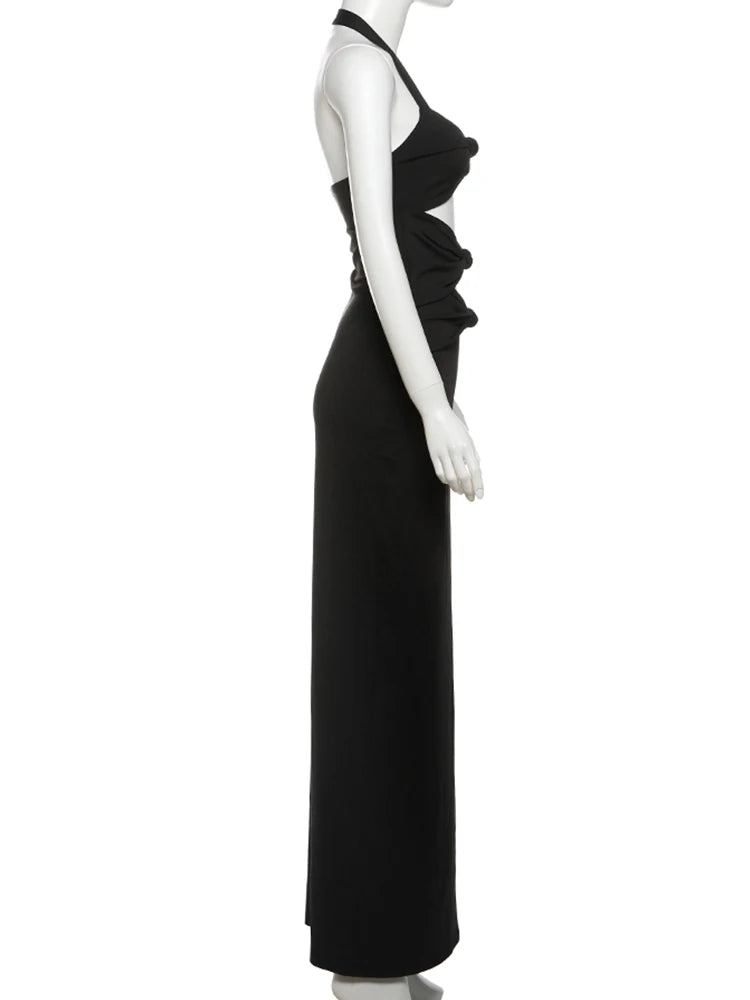 Weird Puss Backless Hollow Dress Women Pleated Sexy Solid Slim Halter Knot Sleeveless Elegant Midnight Clubwear Party Vestidos
