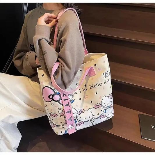New Model Hello Kitty Cartoon Canvas Bag Cute Commuter Versatile One-Shoulder Tote Bag Large-Capacity Storage Bag