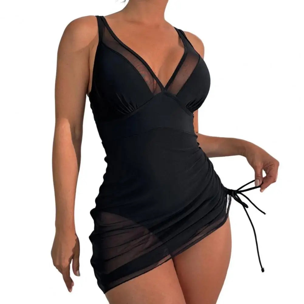 Women's Swimsuit Solid Color V Neck Tummy Control Swimwear Sexy Mesh Sheer Wrap Bathing Suit For Beach Vacation