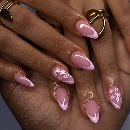 24pcs Petal Print Press on Nail Pink French Almond False Nails Wearable Detachable Ins Simple Fake Nails for Women Girls