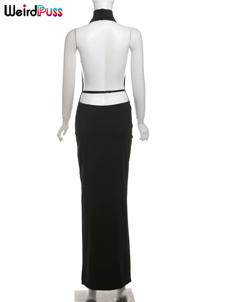 Weird Puss Hollow Halter Dress Women Low-Neck Backless Sexy Sleeveless Slits Robe Trend Midnight Banquet Coquettish Long Bodycon