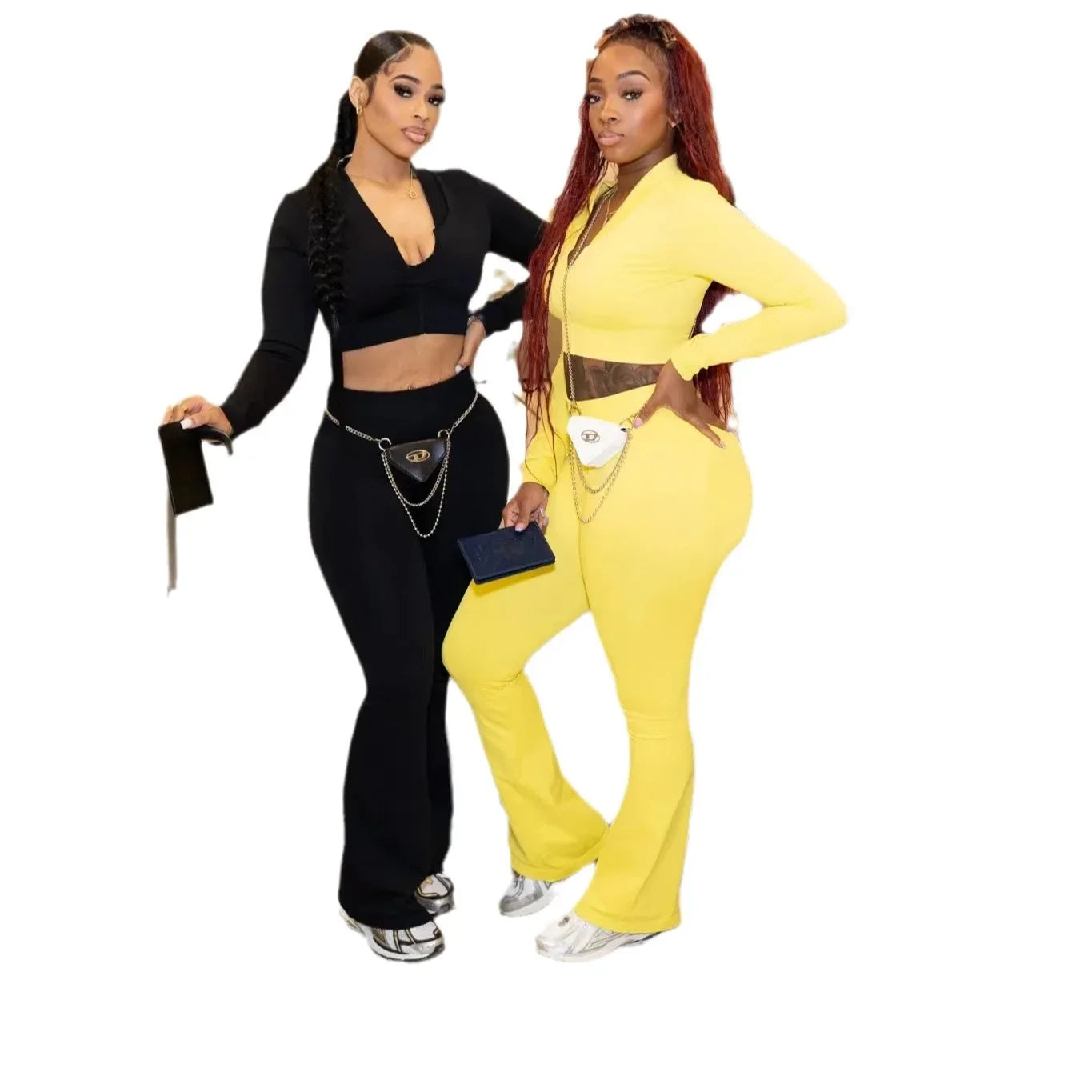 Amazon Best Seller Women's Solid Color Short Top High-Waisted Microbell-Bottom Pants Casual Two-Piece Suit From China