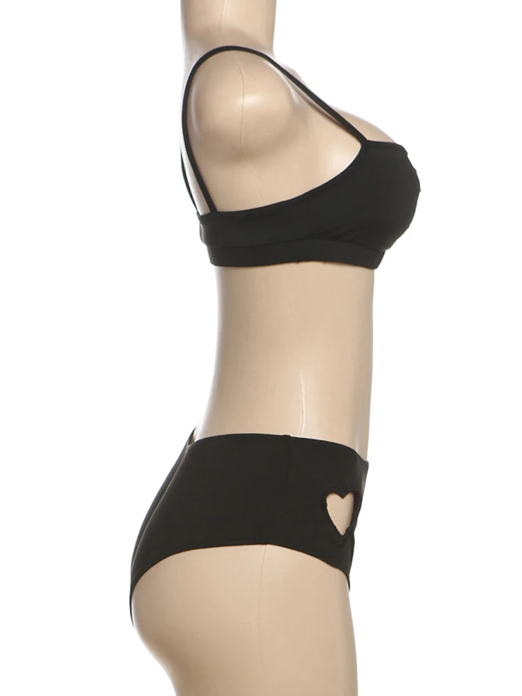 Weird Puss Heart Hollow 2 Piece Set Women Simple Vacation Camisole+Panties Beach Style Matching Stretch Street Comfortable Suit