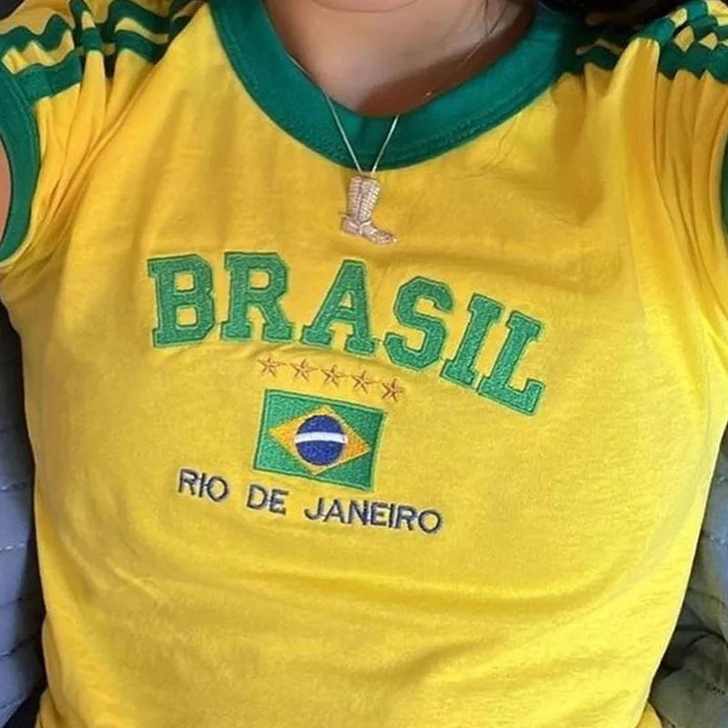 Aesthetic BRASIL Letter Print T-Shirt and Shorts Suit, Vintage Grunge  Short Sleeve Baby Tees, Summer Crop Top Y2k Clothe