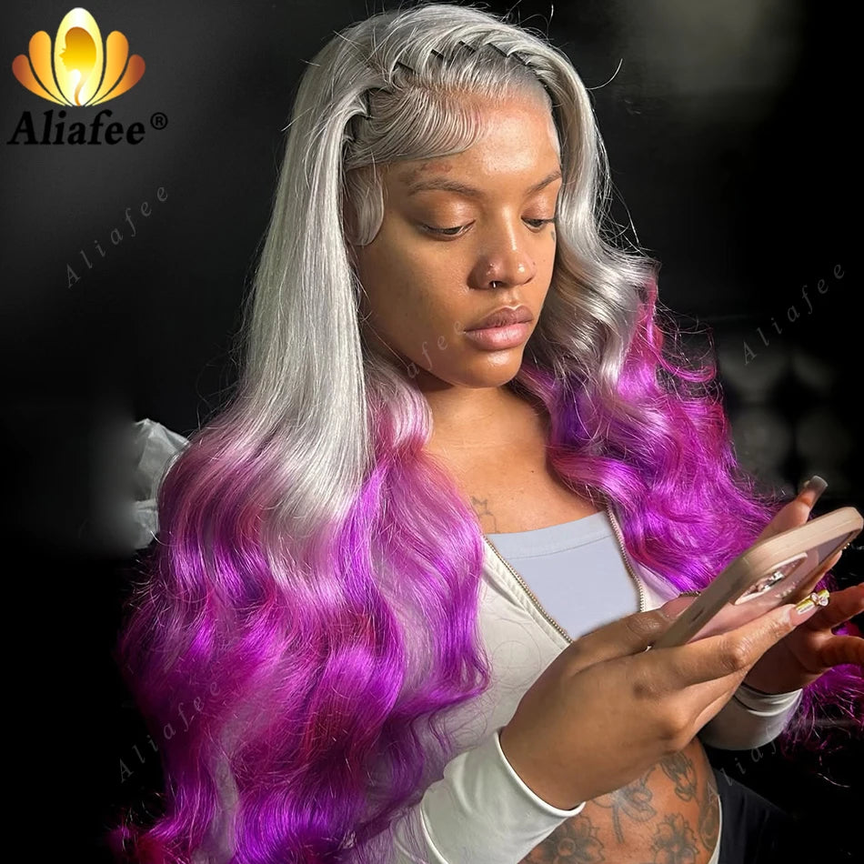 HD 13x6 Body Wave Gray Ombre Purple Color 30inches Pre Plucked Wigs for Women Summer Human Hair Wigs Ombre Gray 100% Remy Hair