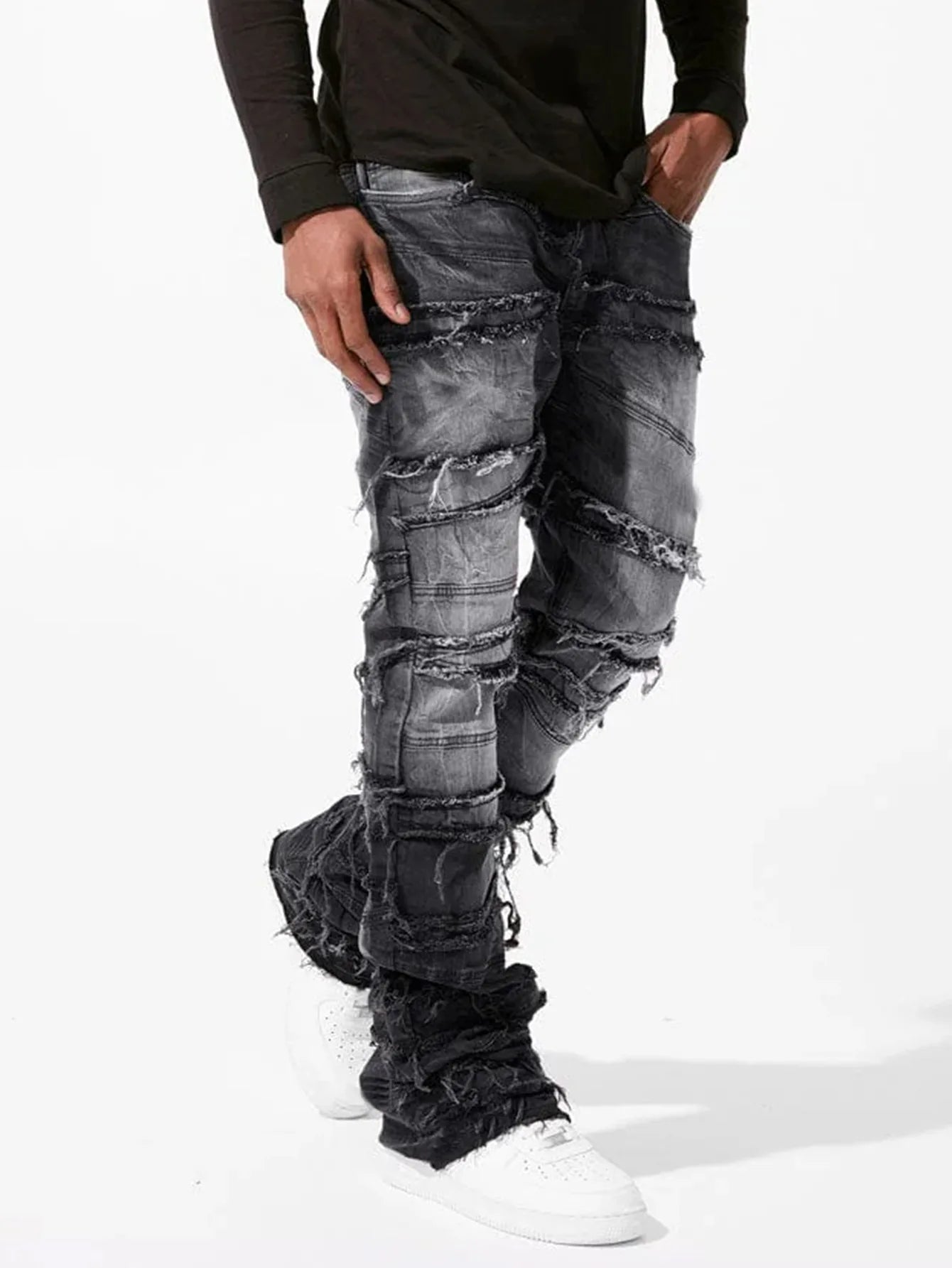 Straight Pant Men Jeans Denim Pants Slim Fit Irregular Folds Tassel Splice Simple Button Pocket High Street Trousers Spring