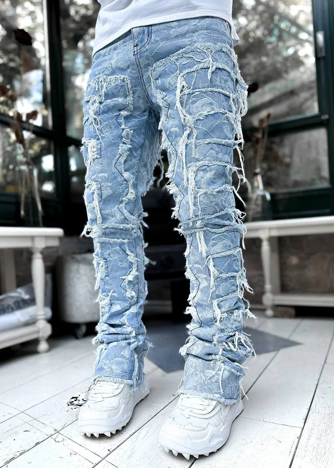 2025 New Men's Stacked Jeans Stretched Patchwork Tassel Damaged Denim Full Length Pants Hip-pop Trousers For Male