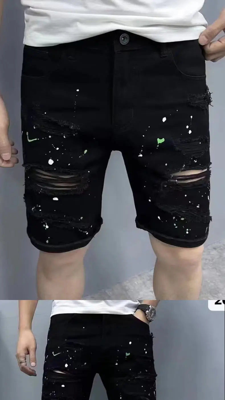 Summer Casual Men's Denim Shorts Korean Straight Washed Jeans Short Ins Ripped Cat Whisker Ink Splash Plaid Black Five-Pants