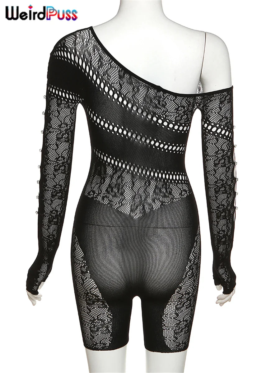 Weird Puss See Through Romper Women Sexy  Hollow Rhinestones Long Sleeve Skinny Irregular Off Shoulder Body-Shaping Playsuits
