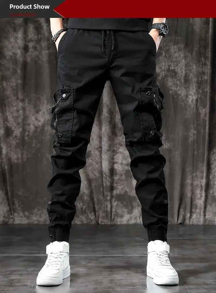 Trendy Men's Spring Autumn Cargo Pants Slim Fit Casual Style Loose Fit American Style Multiple Pocket Small Foot Pants Black