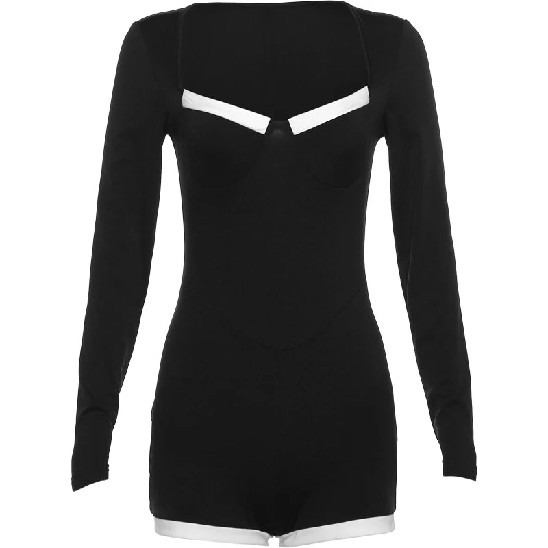 Weird Puss Square Collar Playsuit Women Fall Chic Patchwork Long Sleeve Skinny Stretch  Long Sleeve Romper Streetwear Overalls