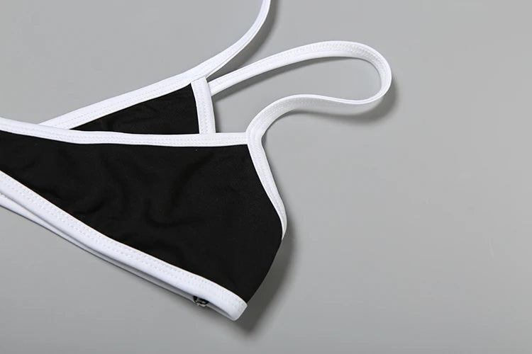 Weird Puss Patchwork 2 Piece Set Women Swimsuit Beach White Border Halter Bra Tops+Panties Basic Skinny Clubwear Vacation Suits