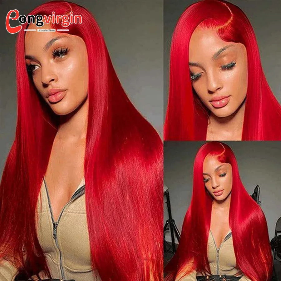 250% Hot Red 360 Full Lace Wig Human Hair Pre Plucked Hd Transparent Lace Front Wig 99J Bone Straight Lace Frontal Wig For Women