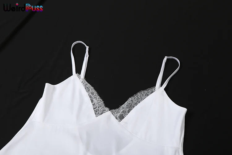 Weird Puss Y2K W-Neck Dress Women Summer Trend Sleeveless Backless Mesh Silk Patchwork elegant Birthday Party Prom Loose Bodycon