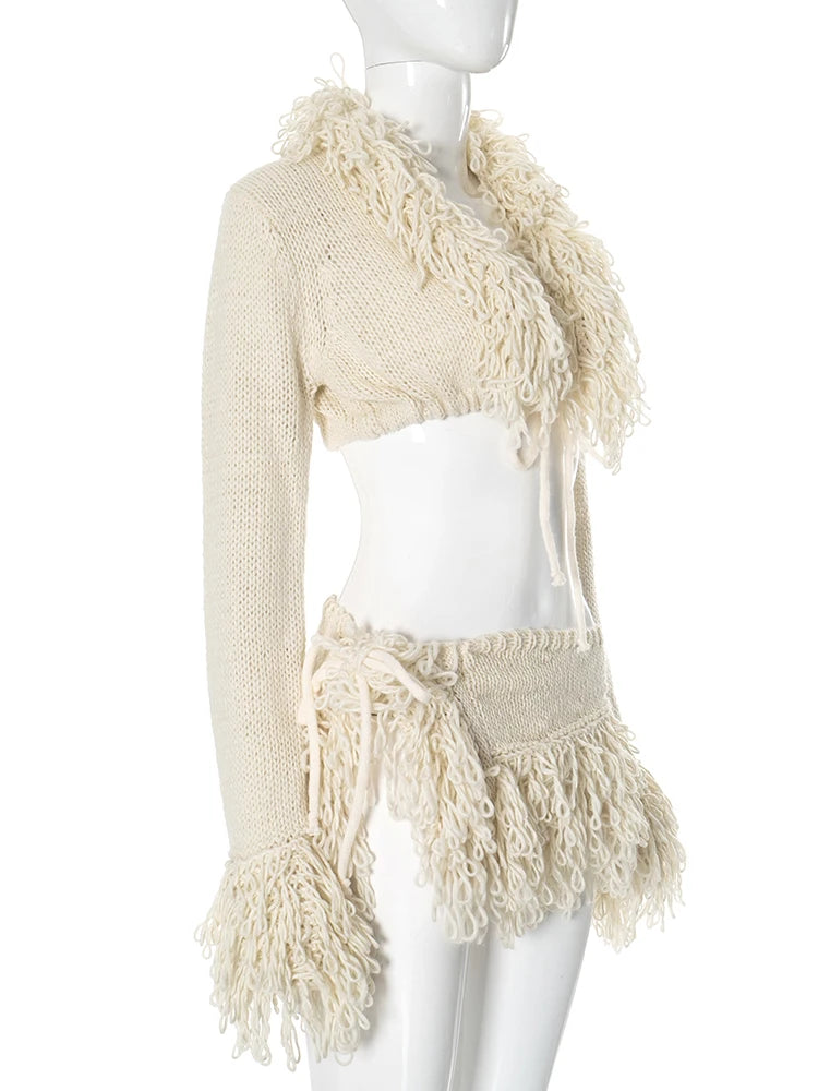 Weird Puss Crochet Tassel 2 Piece Set Women  Lace-Up Cardigan Full Sleeve Crop Tops+Irregular Slits Mini Skirt Sexy Hipster Suit