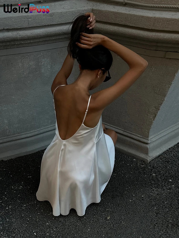 Weird Puss Y2K W-Neck Dress Women Summer Trend Sleeveless Backless Mesh Silk Patchwork elegant Birthday Party Prom Loose Bodycon