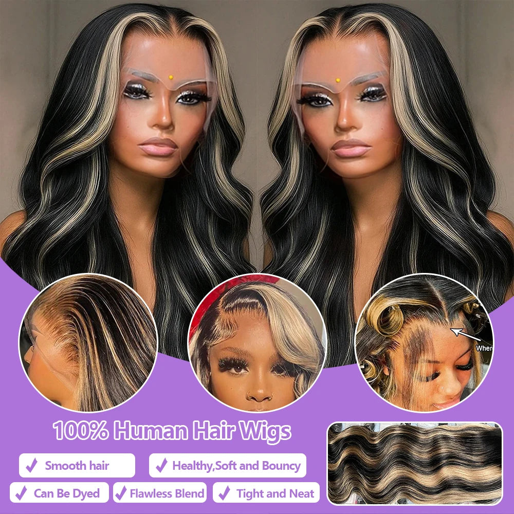 1B/27 Balayage Highlight Body Wave Wig Human Hair 30 Inch 13x4 HD Lace Frontal Wig Ombre Blonde Highlight Brazilian Hair  Wigs