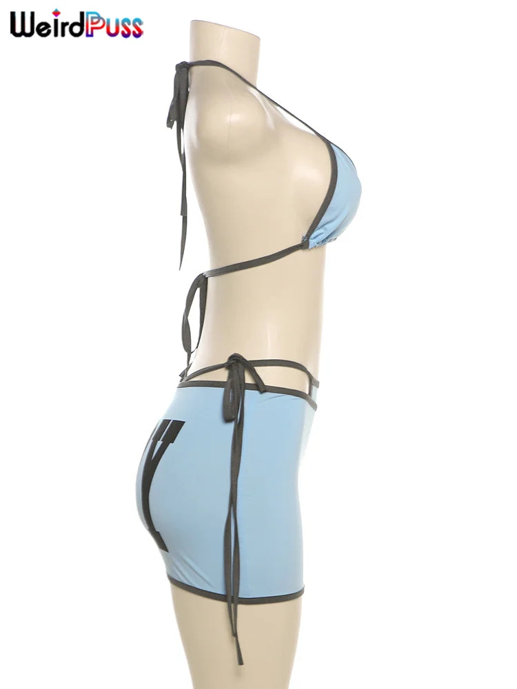 Weird Puss Beach Vacation 3Piece Set Women Letter Print Sexy Summer Bra+Bandage Briefs+Skirts Hipster Midnight Matching Clubwear