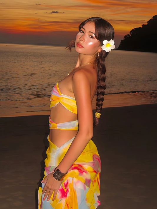 Weird Puss Colorful Print Strapless Dress Women Thin Irregular Multilayer Mesh Side Knot Hollow Beach Vacation Club Mini Bodycon