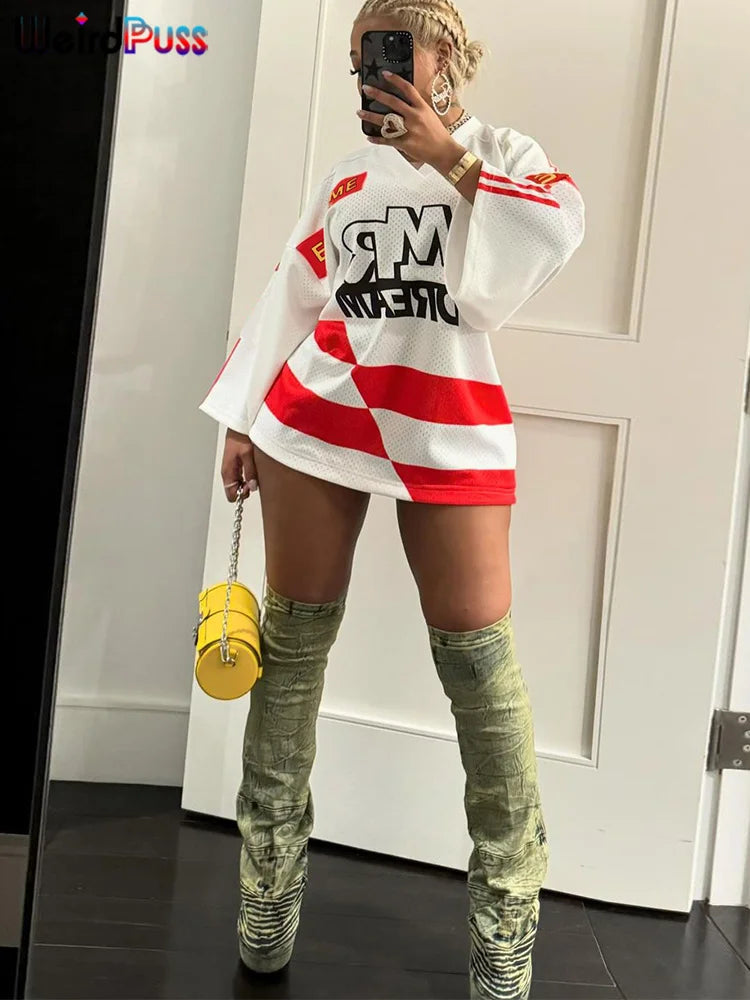 Casual Hipster Women T-Shirt Contrast Letter Print Long Sleeve V-Neck Wild Streetwear Loose Summer Comfortable Tees