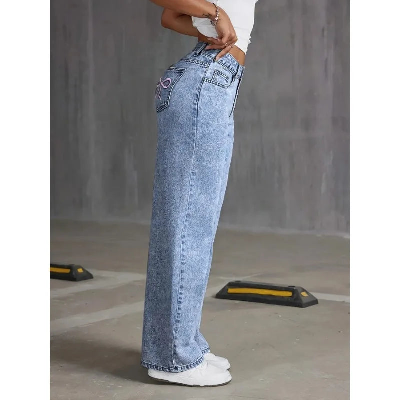 Wide Leg Jeans High waisted  Bow Embroidered Pocket Wide Leg Jeans  Fashionable ladies Trousers Casual Style
