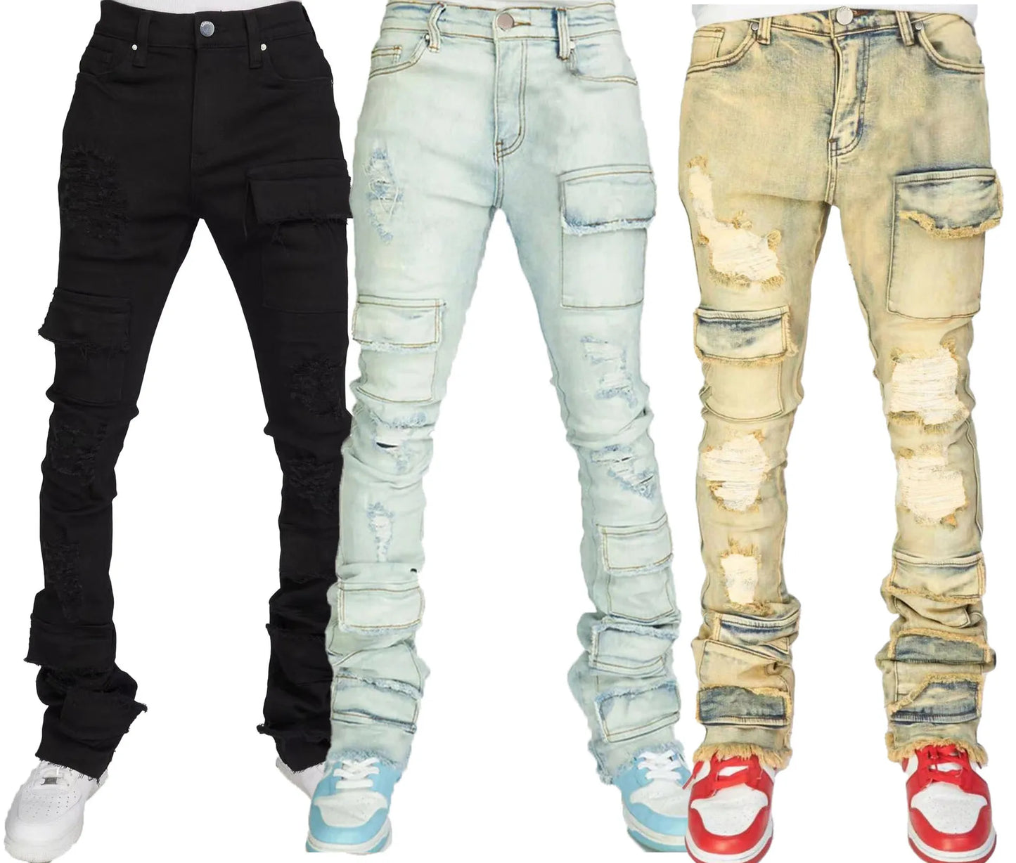Jeans Long Pant Denim Flare Pants Hole Straight Trousers Slim Fit High Waist Casual Button Pocket Splice Autumn Winter, men's jeans