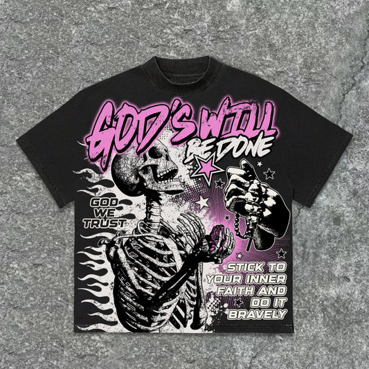 American Retro God's Will Skull Retro Pattern Cotton T-shirt Printed Graphic Men and Women Y2K Oversized T-shirt Street Wear