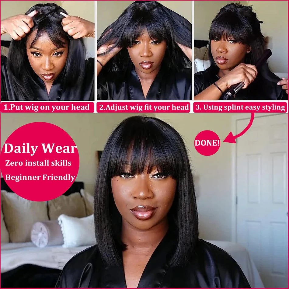 Wiggogo 3X1 Middle Part Lace Wig Bone Straight Human Hair Wig With Bangs Full Machine Made Straight Human Hair Wigs For Women