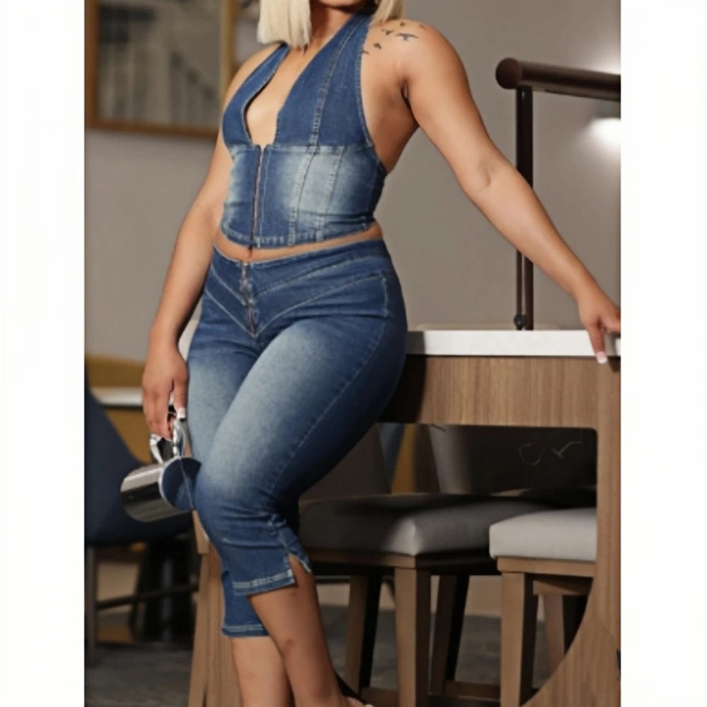 Blue Fashion jeans Halter Two Piece Sets Women Sleeveless, Backless Slim Crop Top And Skinny Jean Pants Outfits Streetwear